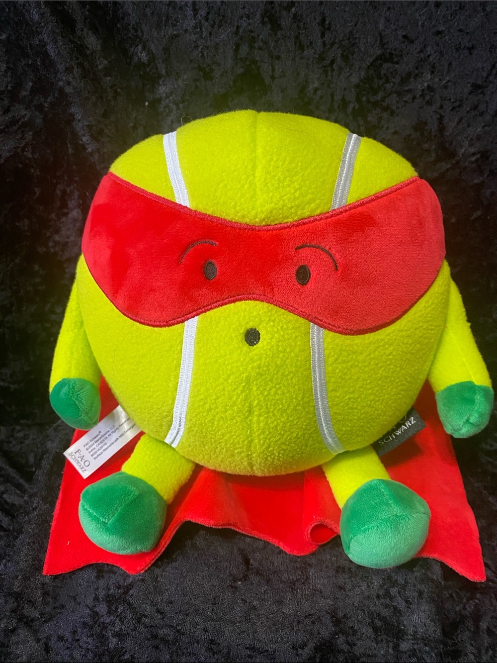 FAO Schwarz Yellow Tennis Ball Superhero Plush with Red Mask & Green Accents